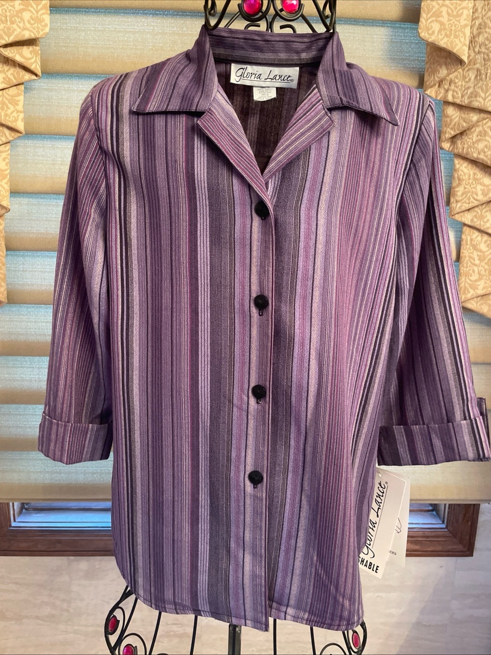 Gloria Lance Purple Striped Top Button Up 3/4 Sleeves w/Attached Tank Size Small